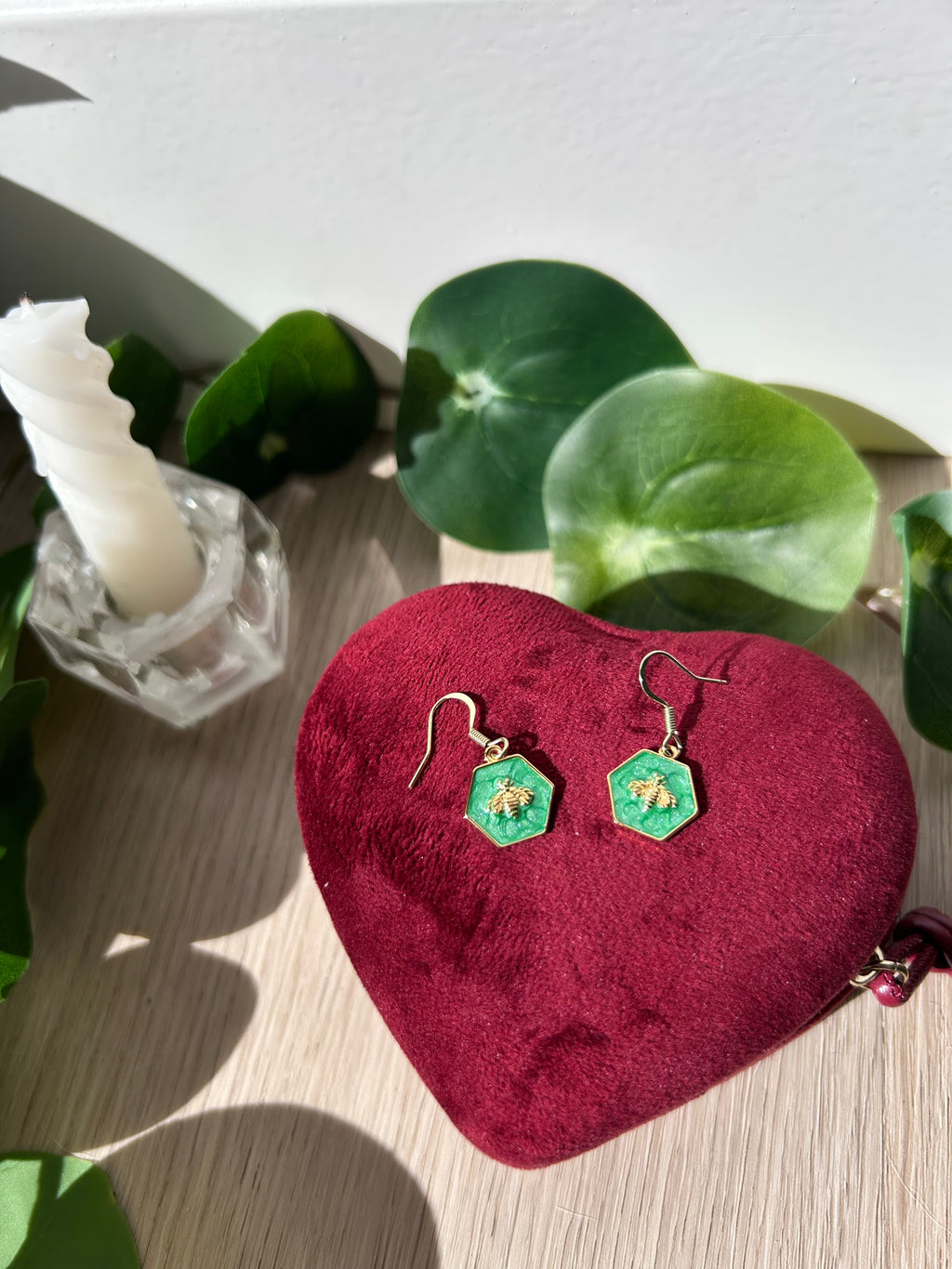 Emerald Honeybee Hexagon Shaped Dangle Earrings