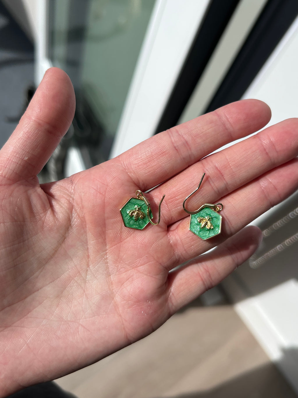 Emerald Honeybee Hexagon Shaped Dangle Earrings
