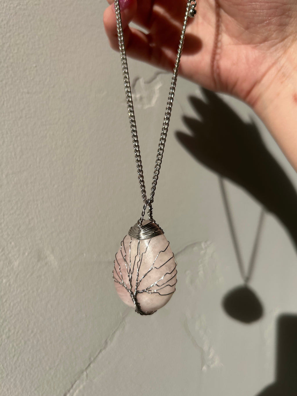 Soft Blush Rose Quartz Pendant with Hand-Wrapped Wire Tree