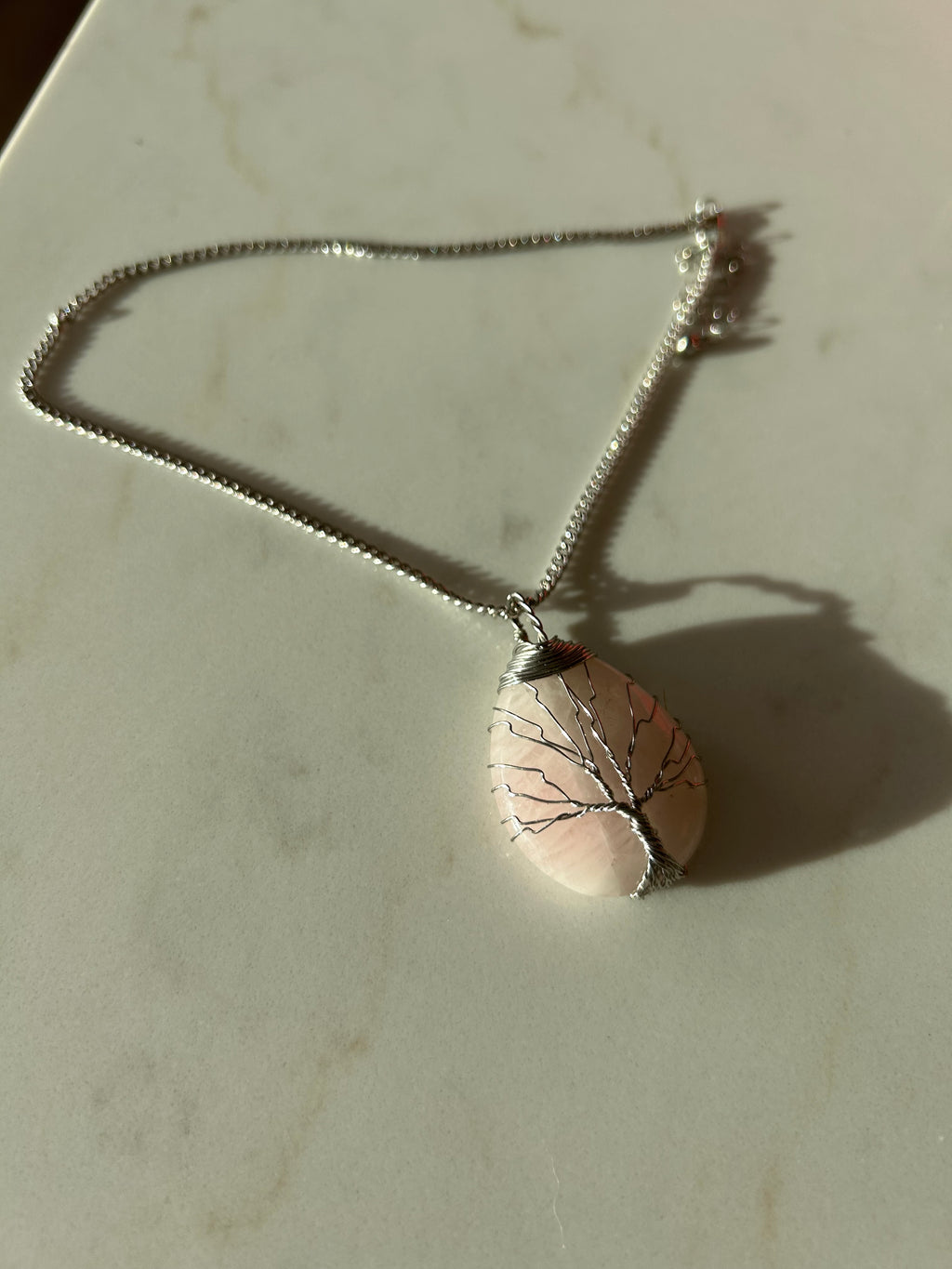 Soft Blush Rose Quartz Pendant with Hand-Wrapped Wire Tree