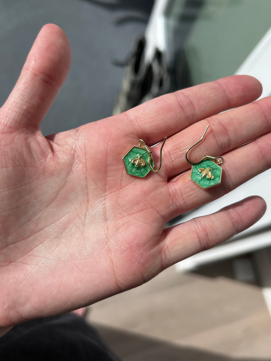 Emerald Honeybee Hexagon Shaped Dangle Earrings