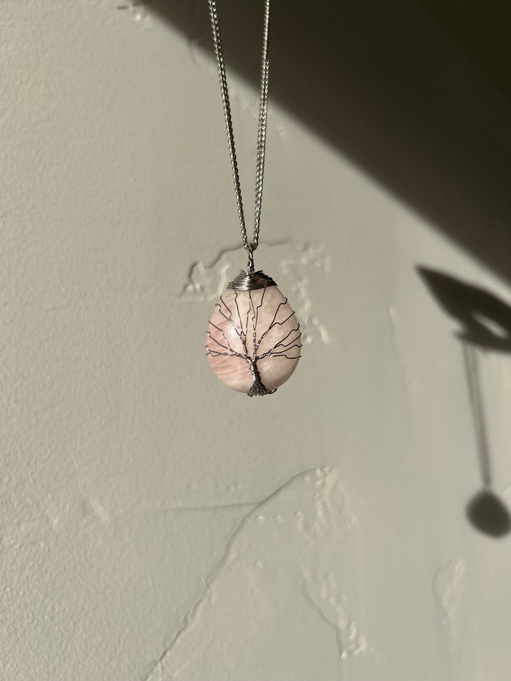 Soft Blush Rose Quartz Pendant with Hand-Wrapped Wire Tree