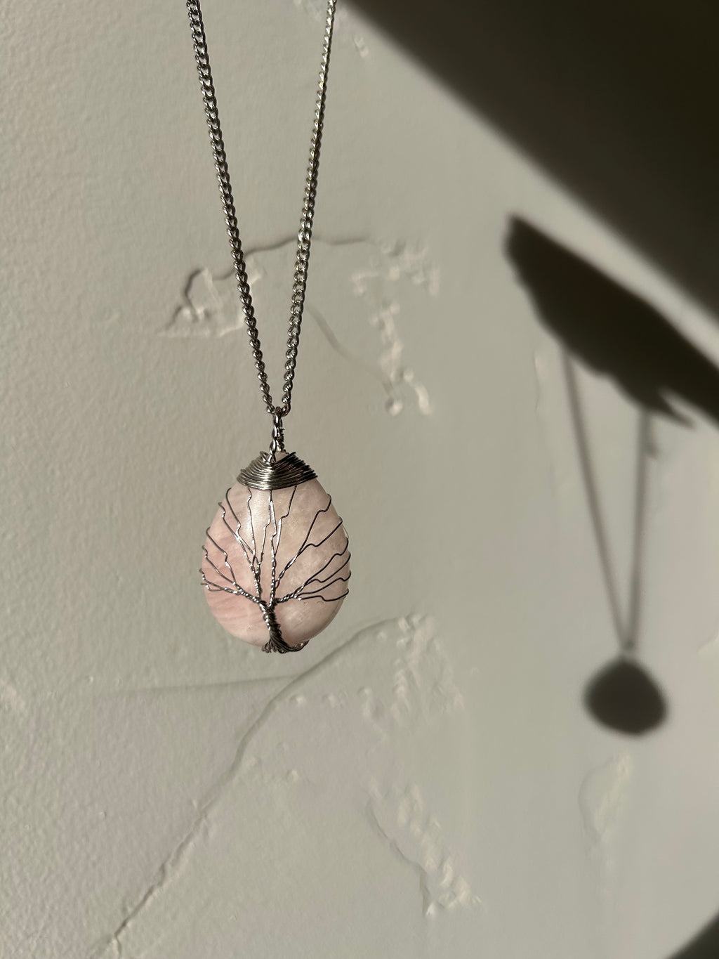 Soft Blush Rose Quartz Pendant with Hand-Wrapped Wire Tree