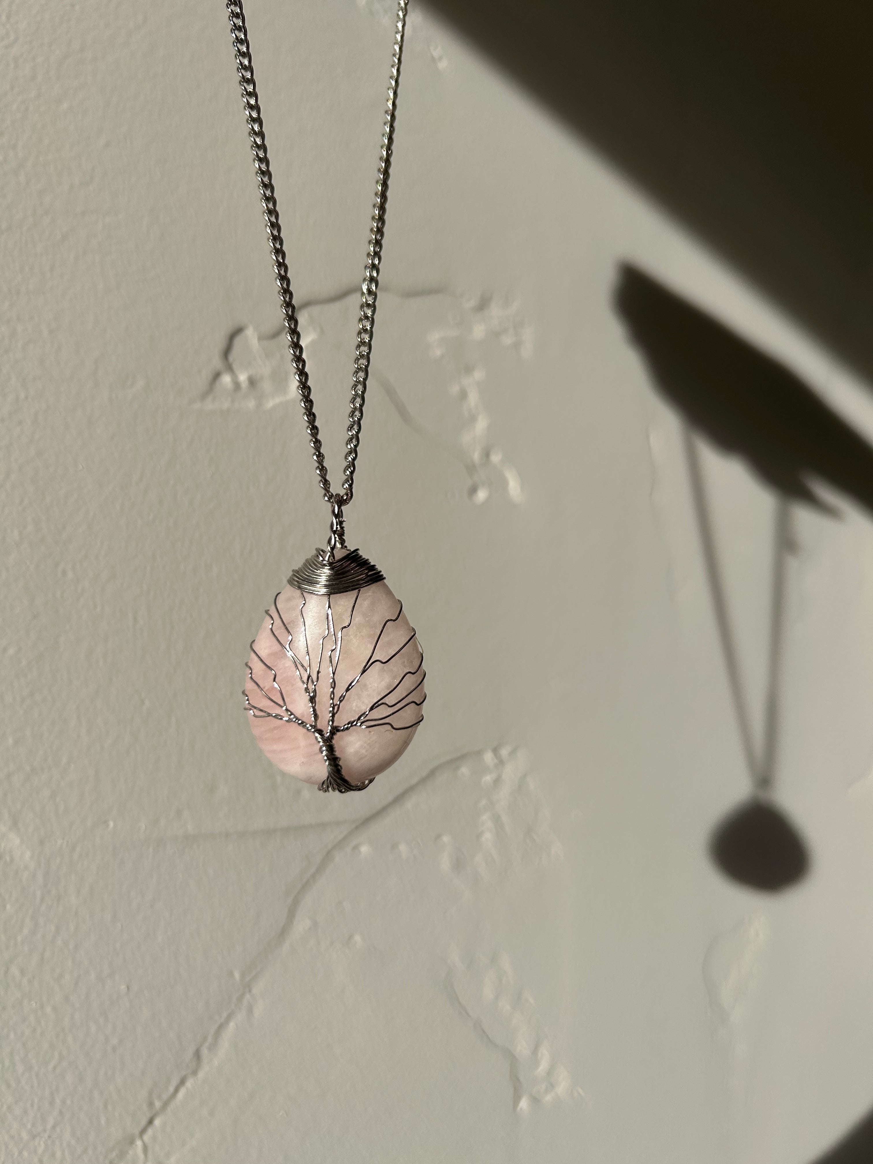 Soft Blush Rose Quartz Pendant with Hand-Wrapped Wire Tree