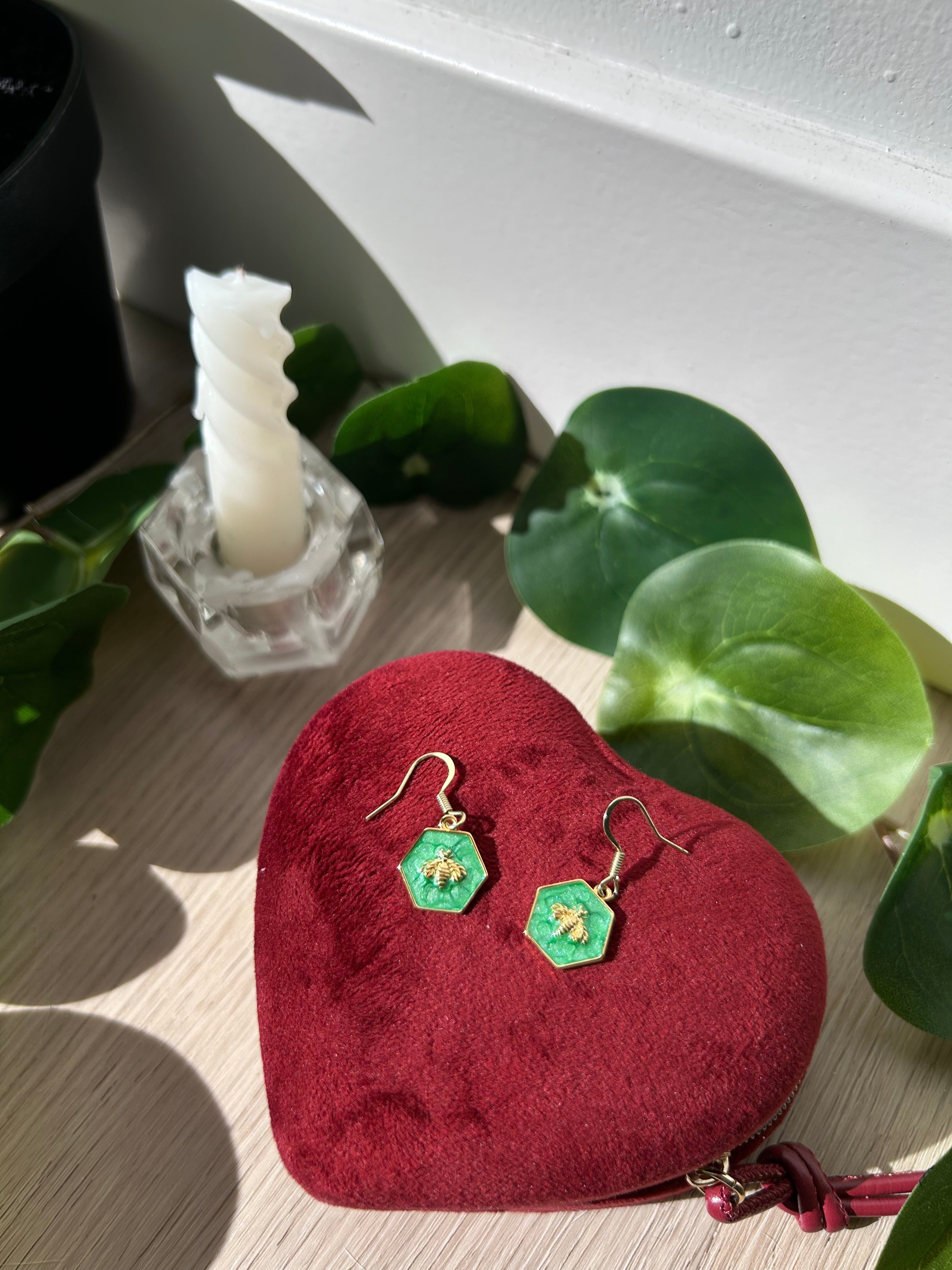 Emerald Honeybee Hexagon Shaped Dangle Earrings