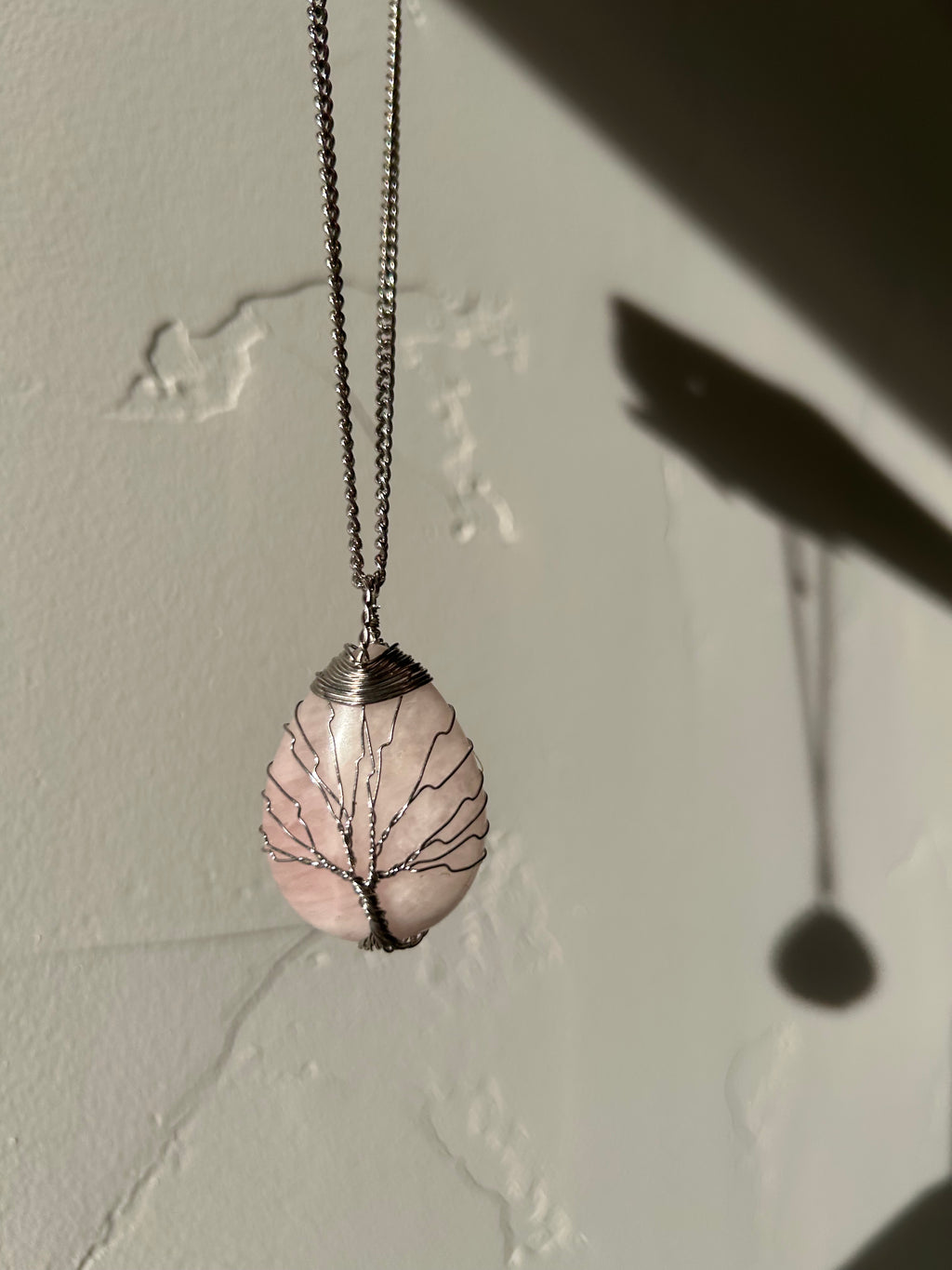 Soft Blush Rose Quartz Pendant with Hand-Wrapped Wire Tree