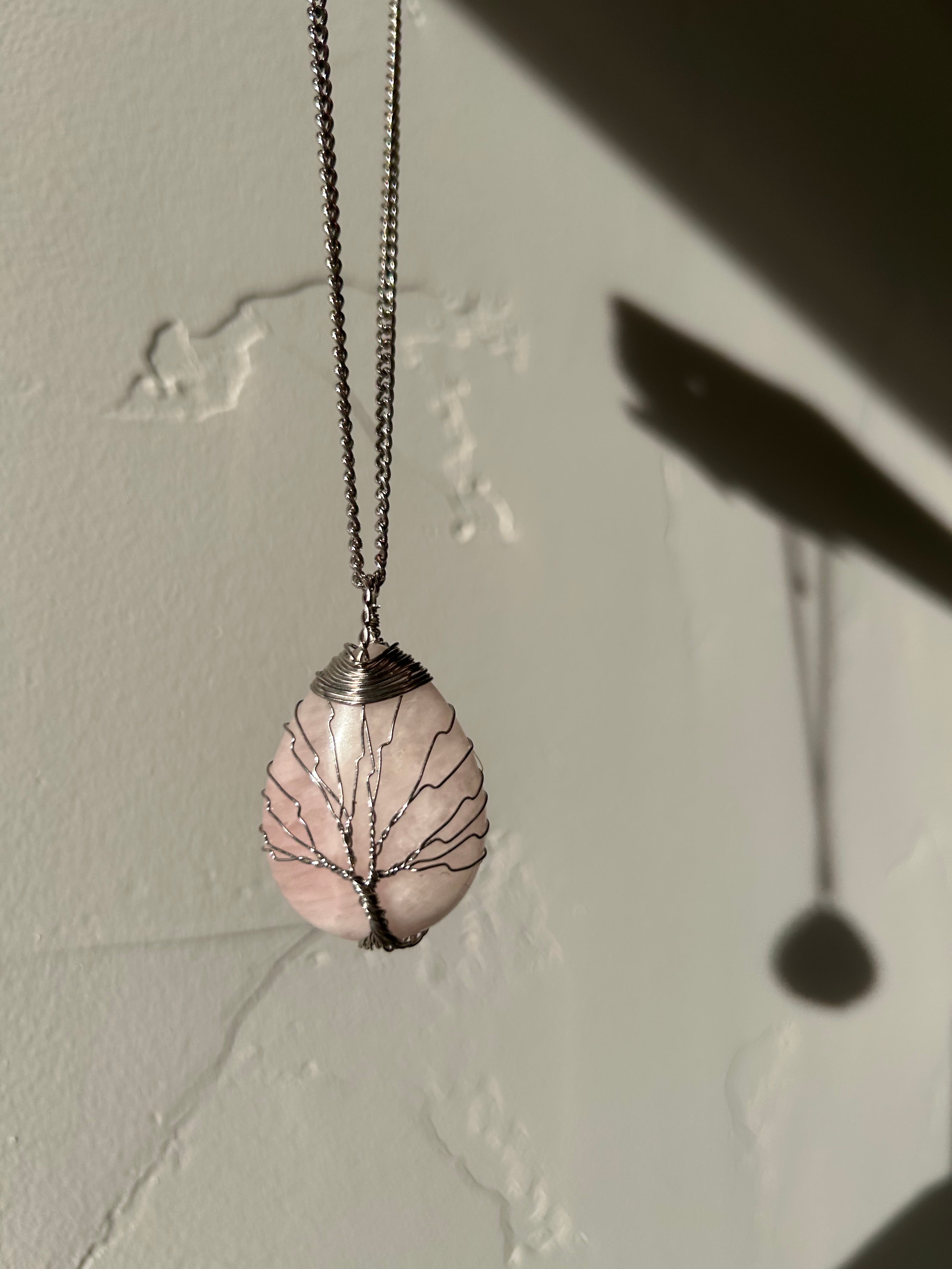 Soft Blush Rose Quartz Pendant with Hand-Wrapped Wire Tree