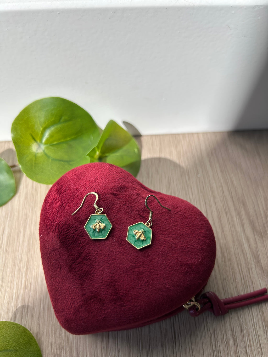 Emerald Honeybee Hexagon Shaped Dangle Earrings