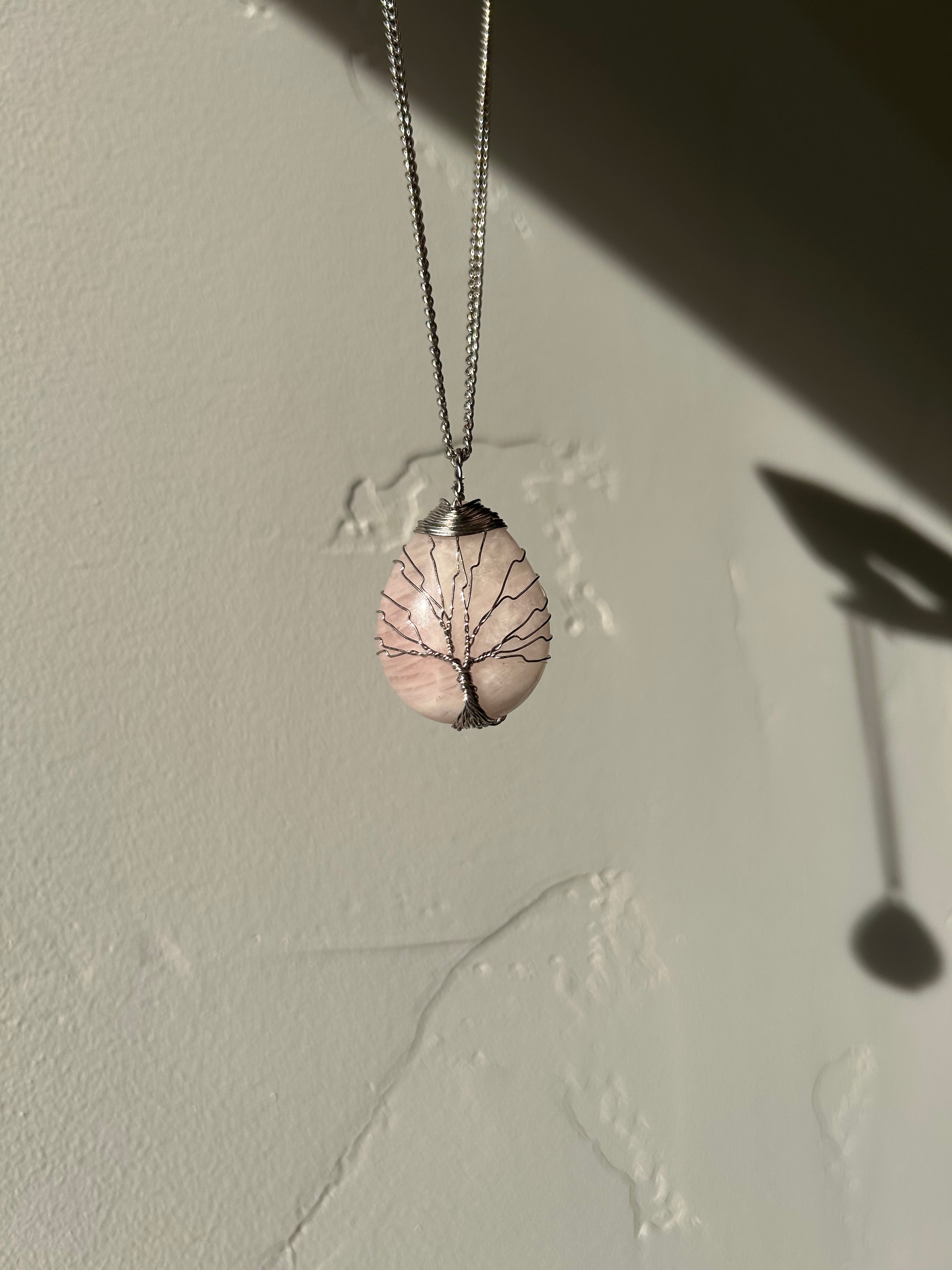 Soft Blush Rose Quartz Pendant with Hand-Wrapped Wire Tree