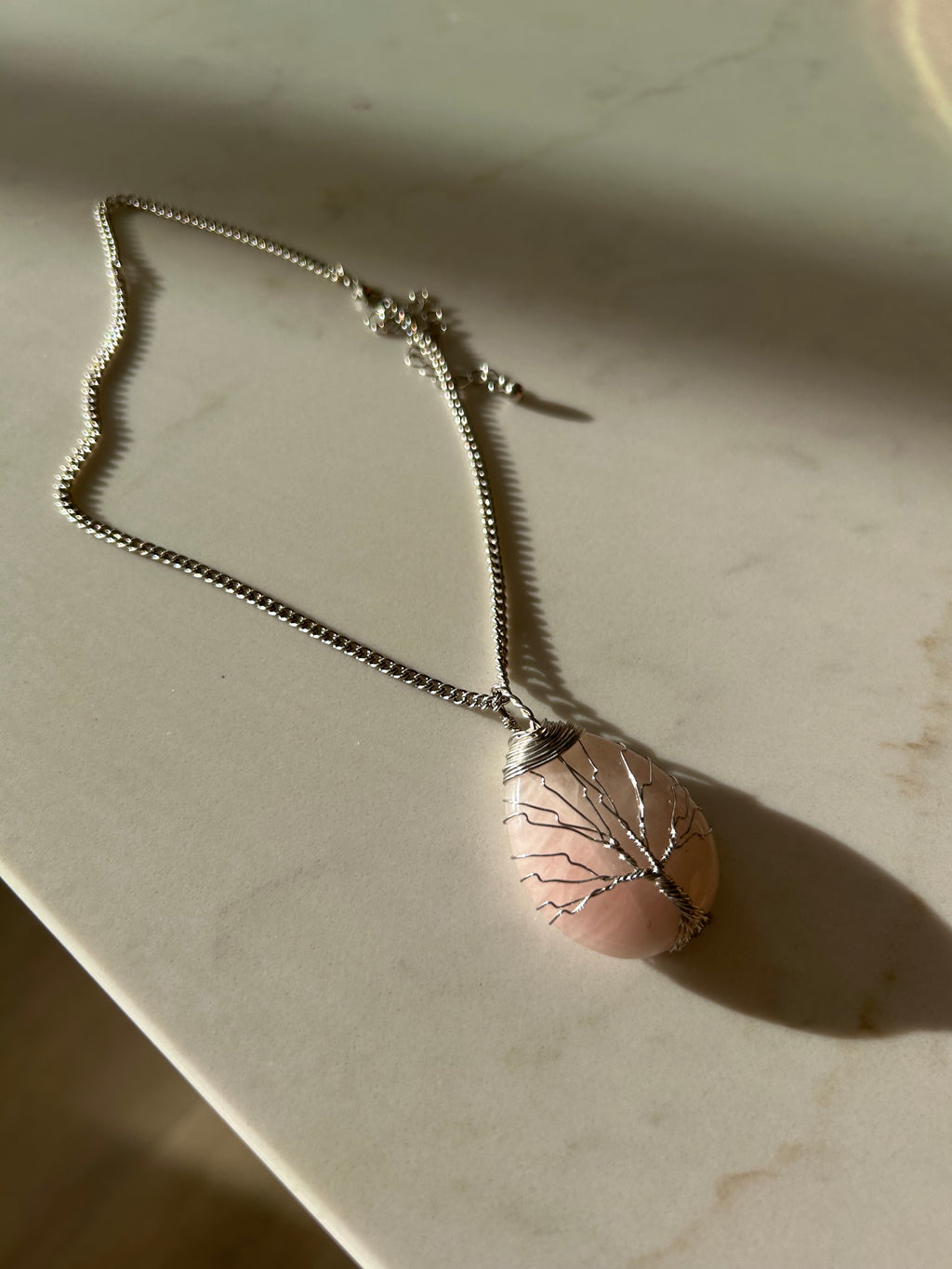 Soft Blush Rose Quartz Pendant with Hand-Wrapped Wire Tree