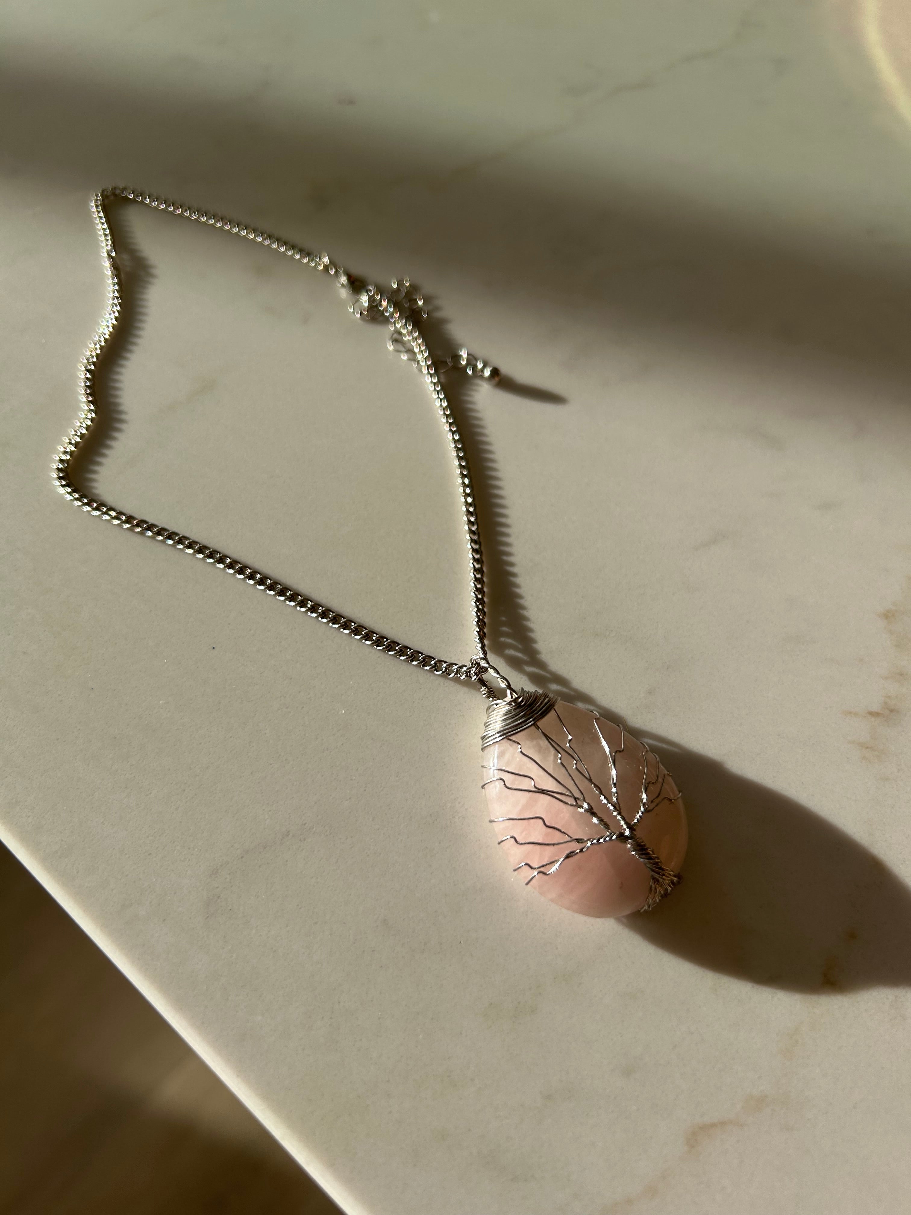Soft Blush Rose Quartz Pendant with Hand-Wrapped Wire Tree