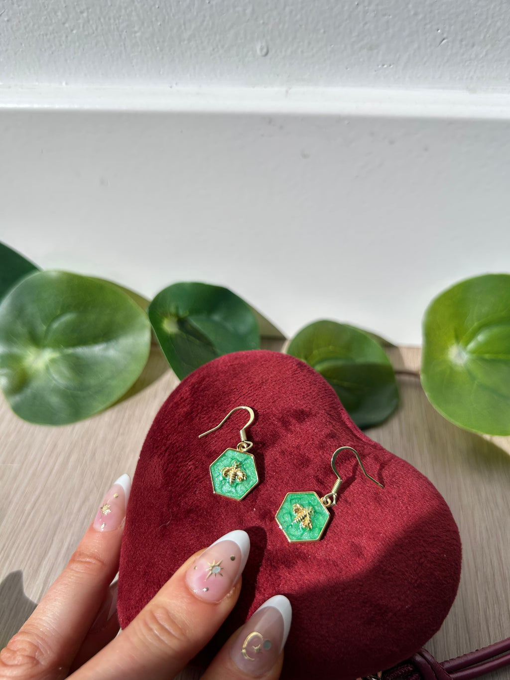 Emerald Honeybee Hexagon Shaped Dangle Earrings