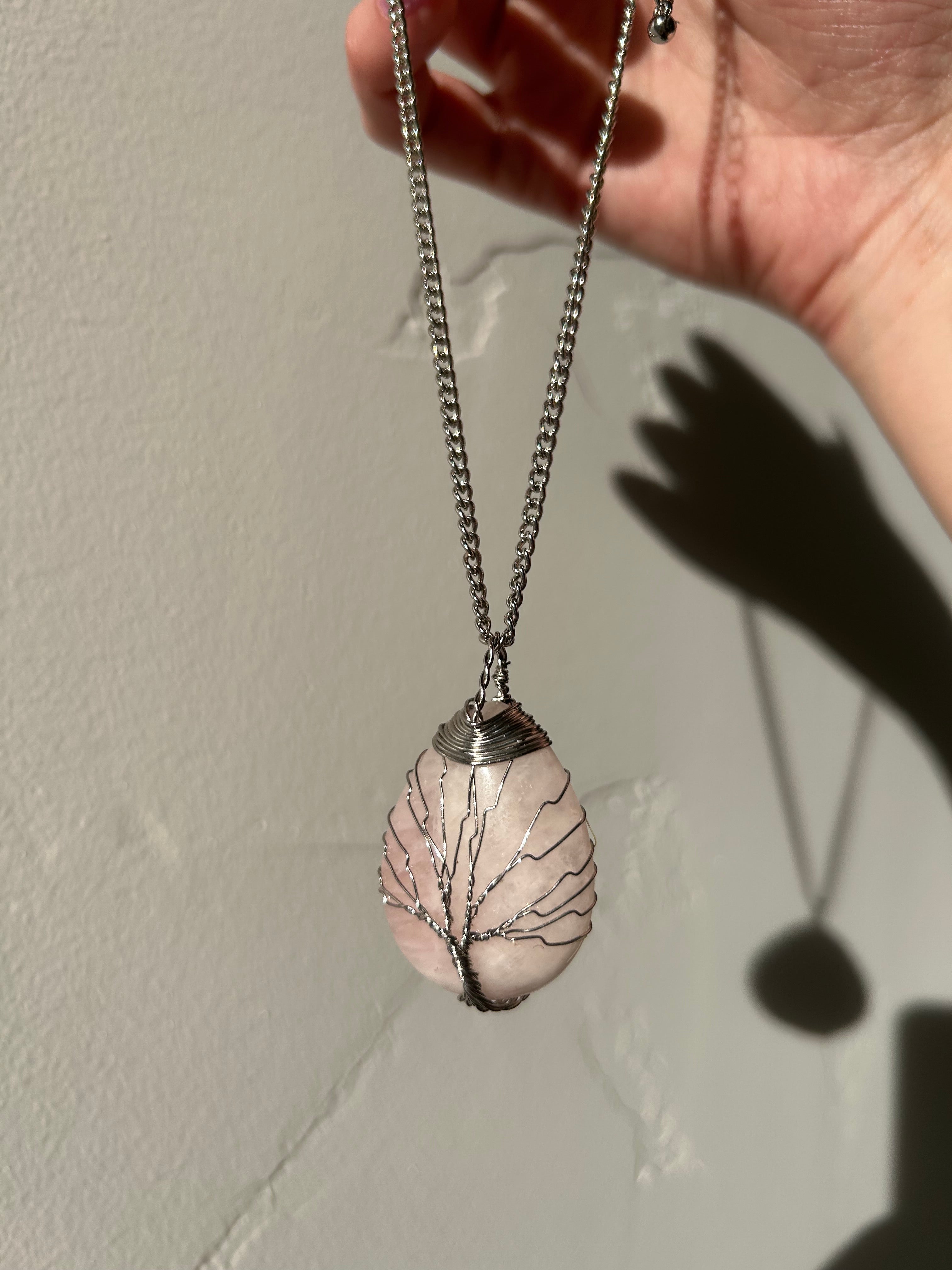 Soft Blush Rose Quartz Pendant with Hand-Wrapped Wire Tree