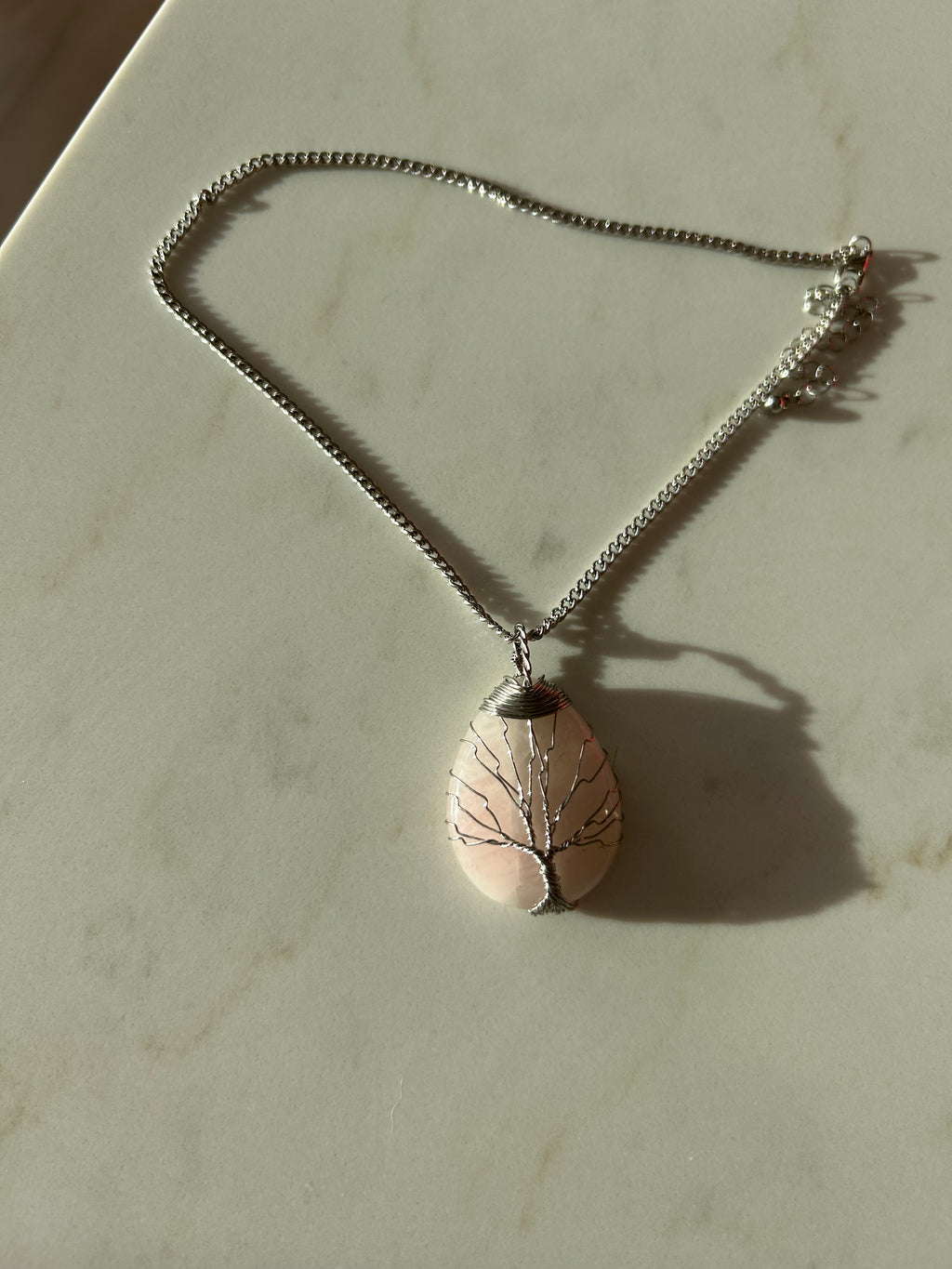 Soft Blush Rose Quartz Pendant with Hand-Wrapped Wire Tree