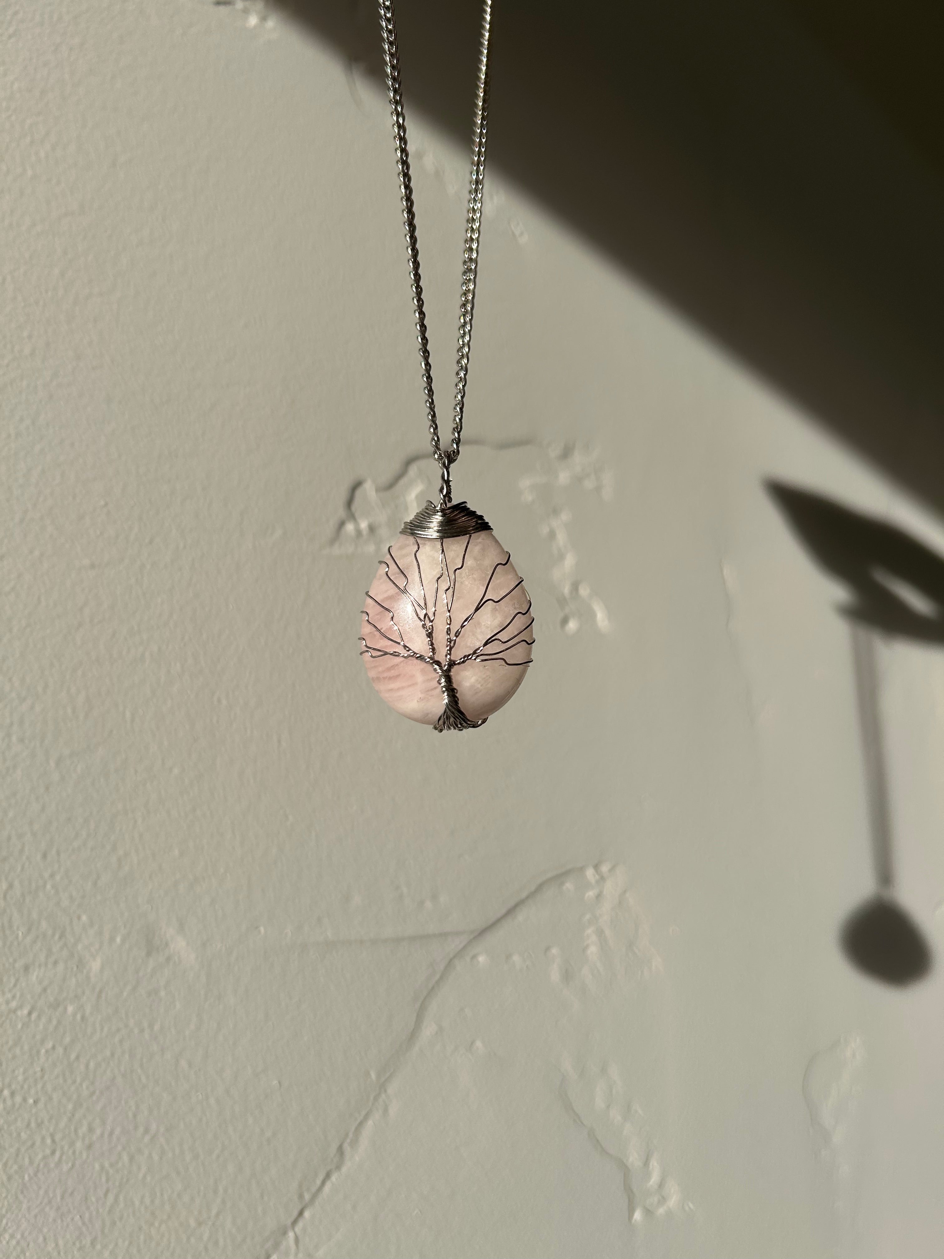 Soft Blush Rose Quartz Pendant with Hand-Wrapped Wire Tree