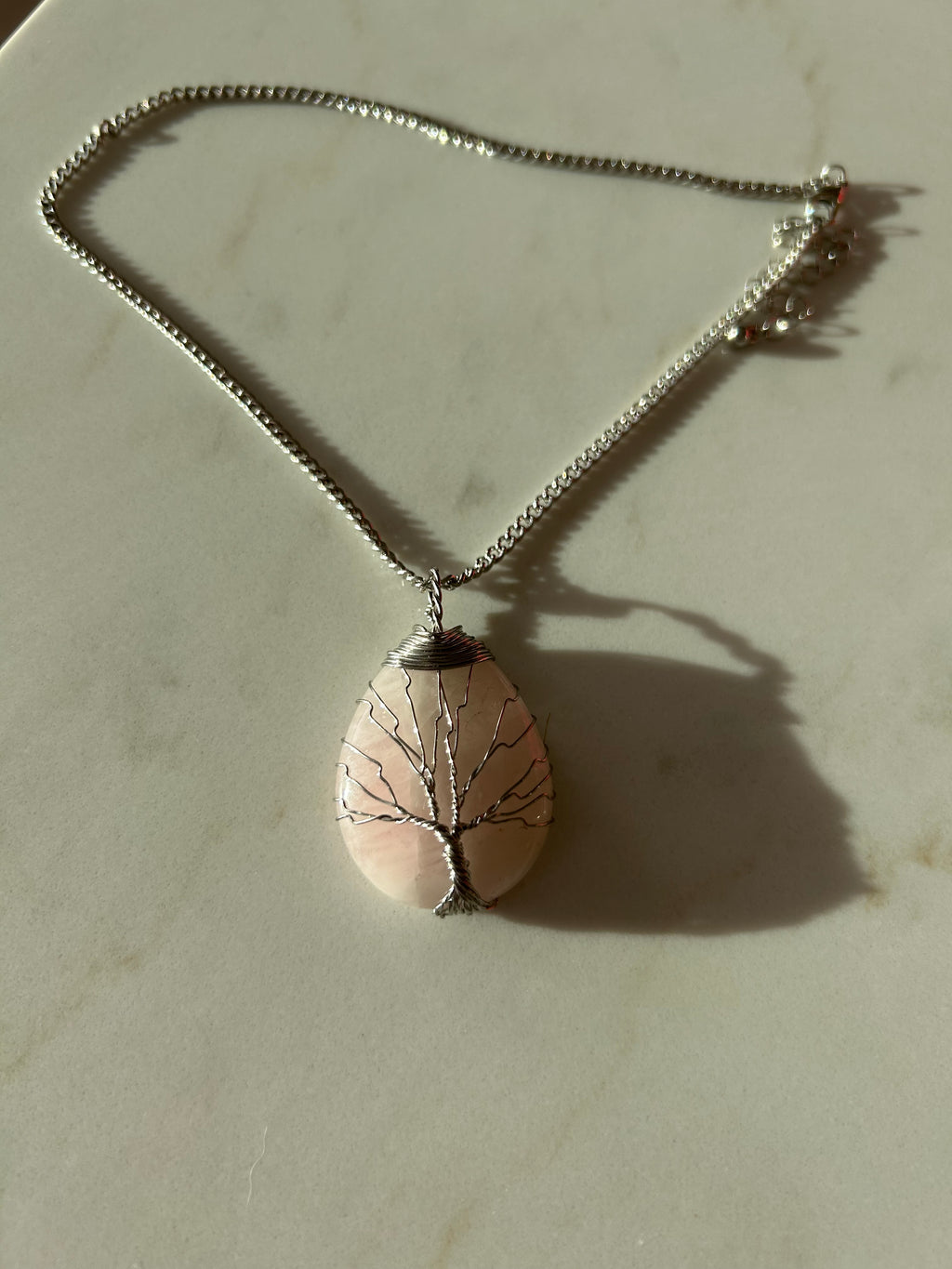 Soft Blush Rose Quartz Pendant with Hand-Wrapped Wire Tree