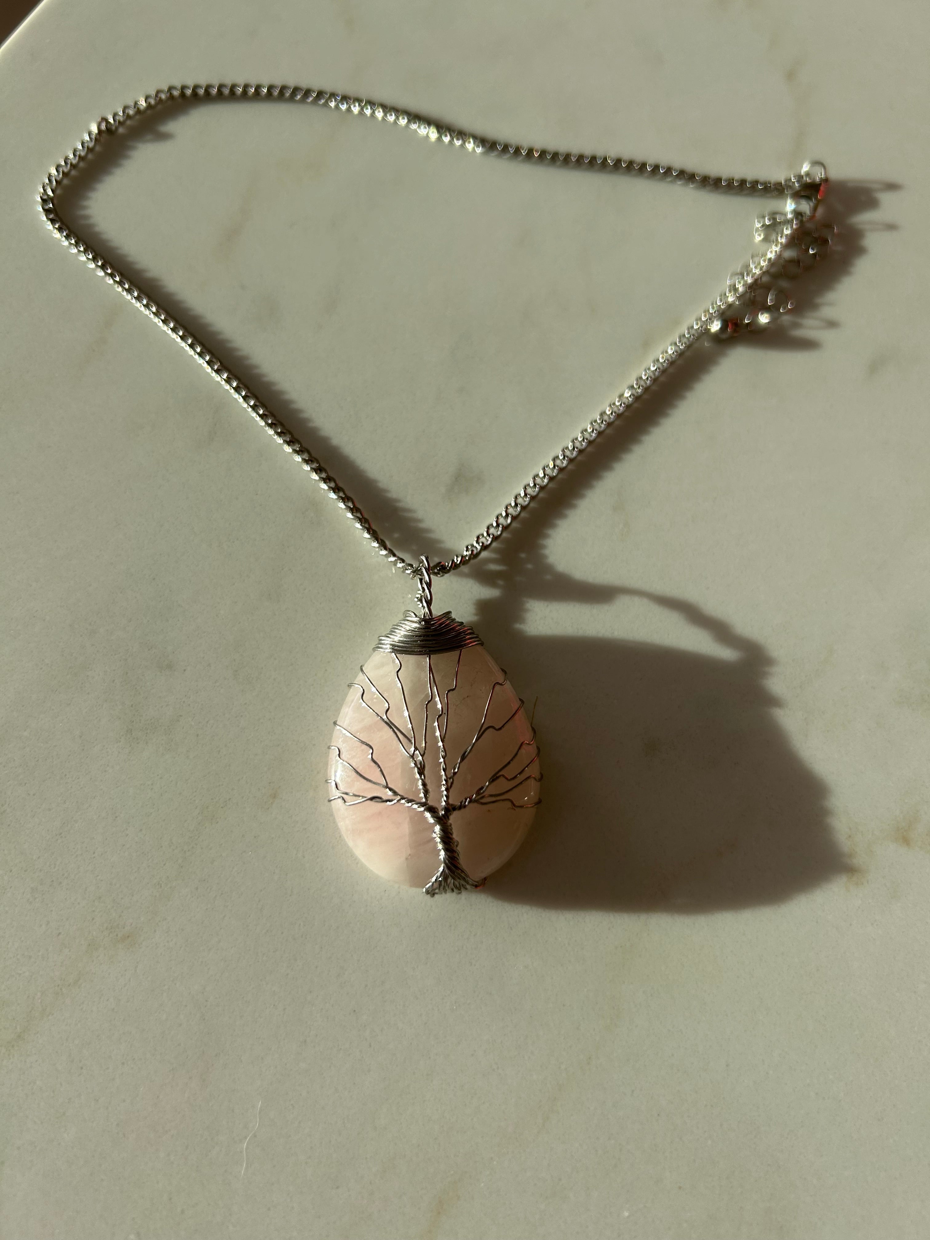 Soft Blush Rose Quartz Pendant with Hand-Wrapped Wire Tree