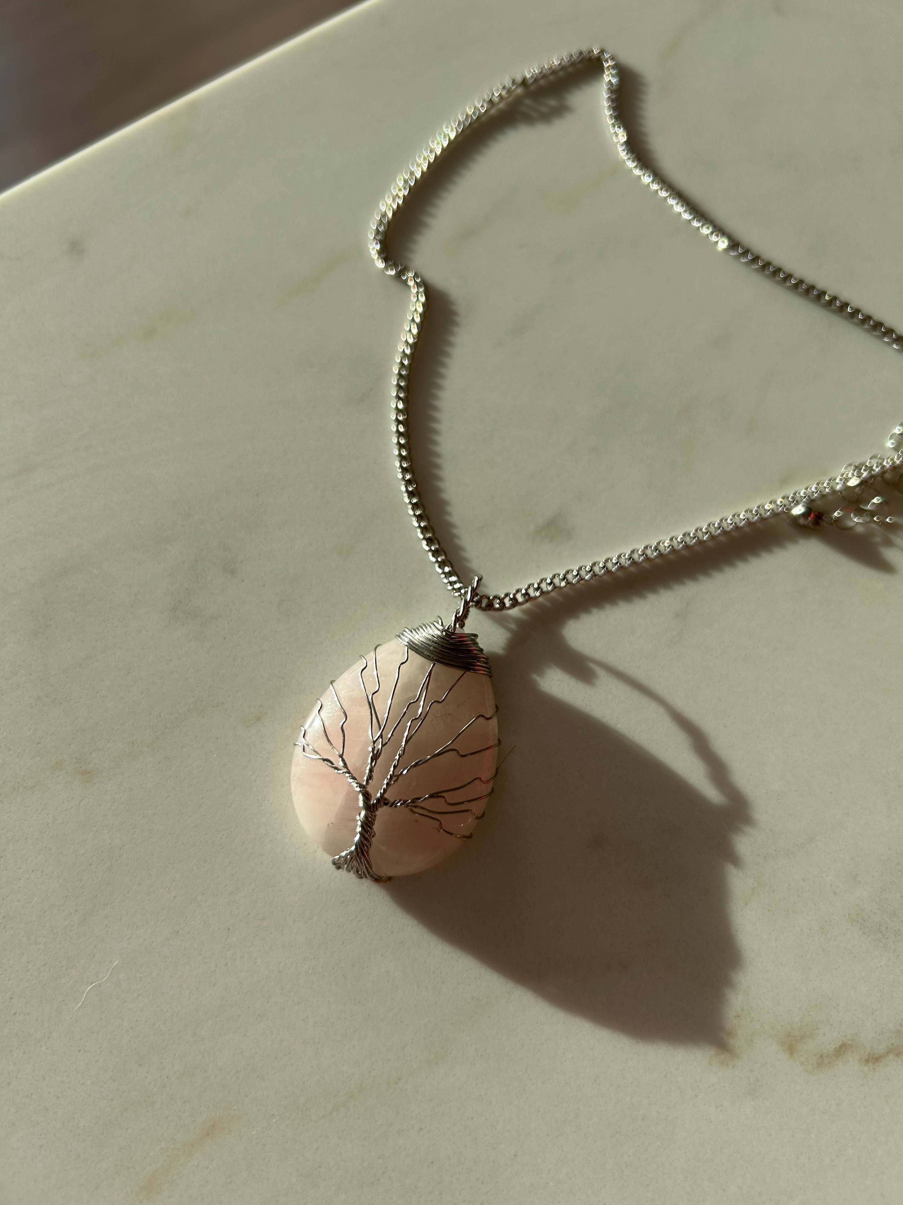 Soft Blush Rose Quartz Pendant with Hand-Wrapped Wire Tree