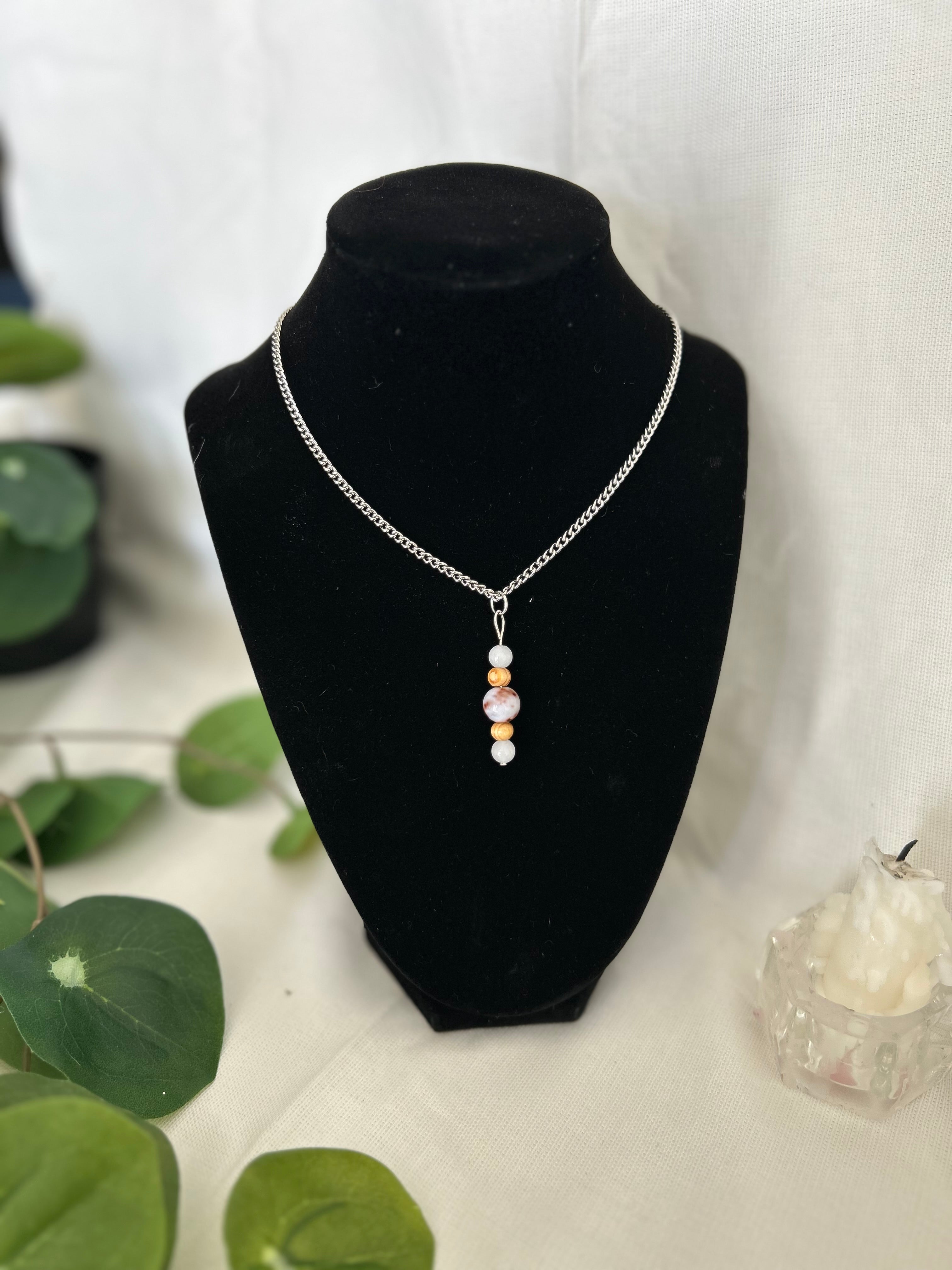 Quiet Power Pendant- Flower Agate + Milky Quartz